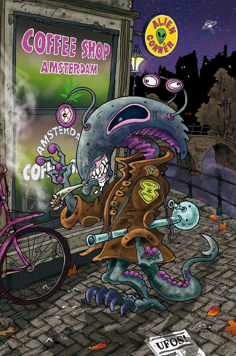 The Amsterdam alien stoner coffee shop corner comic art from Steve stoned