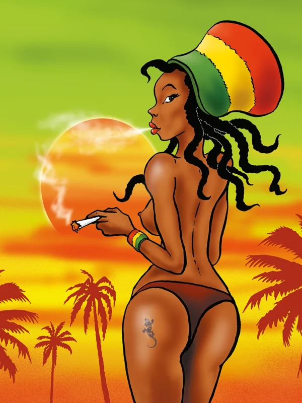 The rasta beach angel illustration palm women in a comic hemp art from Steve stoned