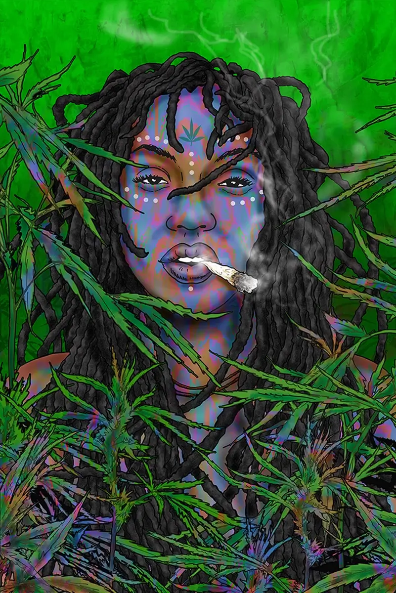 The natural high rasta portrait illustration is a women smoking joint in a comic hemp art from Steve stoned