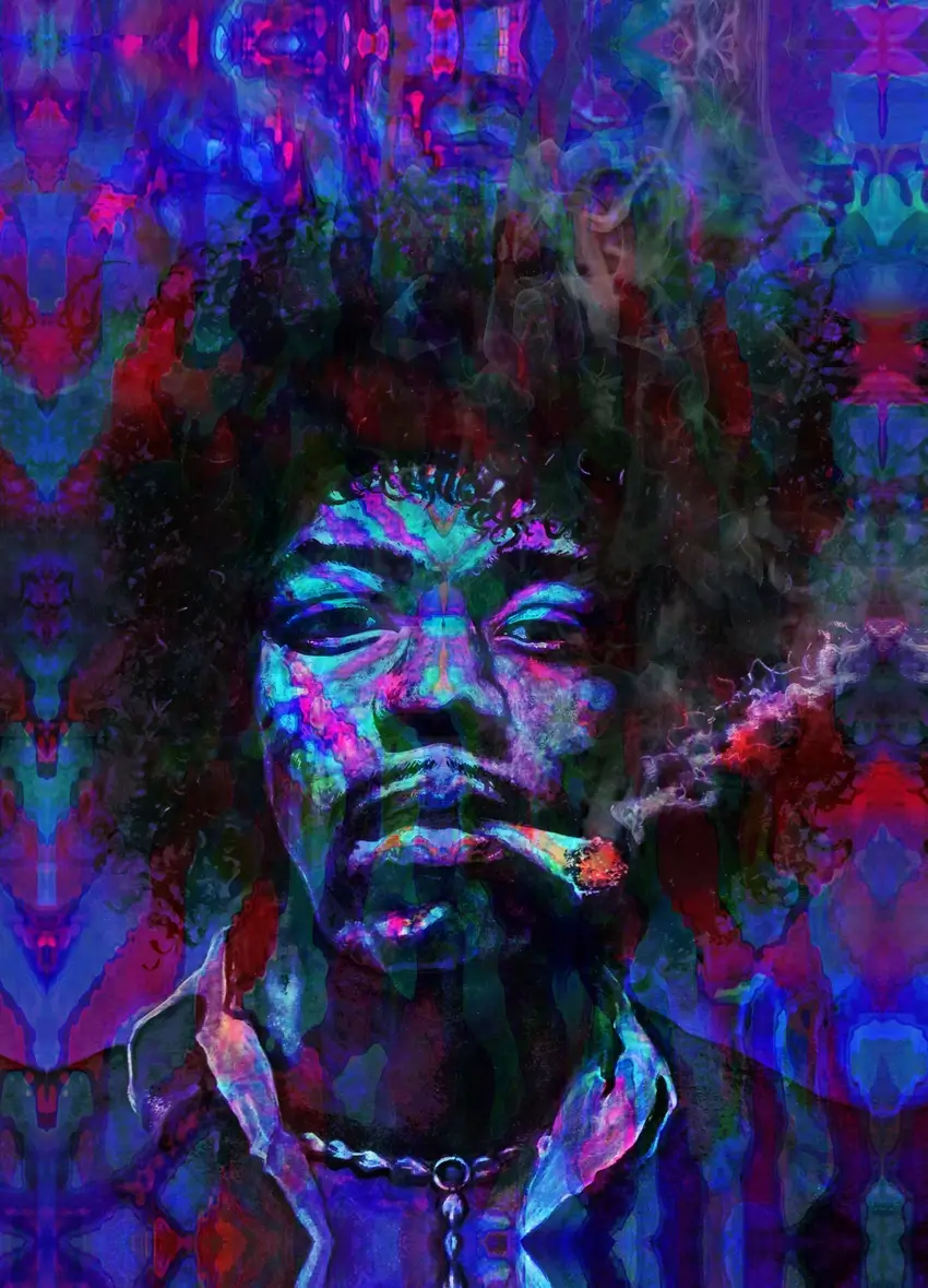 The purple haze psychedelic jimi hendrix illustration is a portrait in which he smokes a joint from Steve stoned