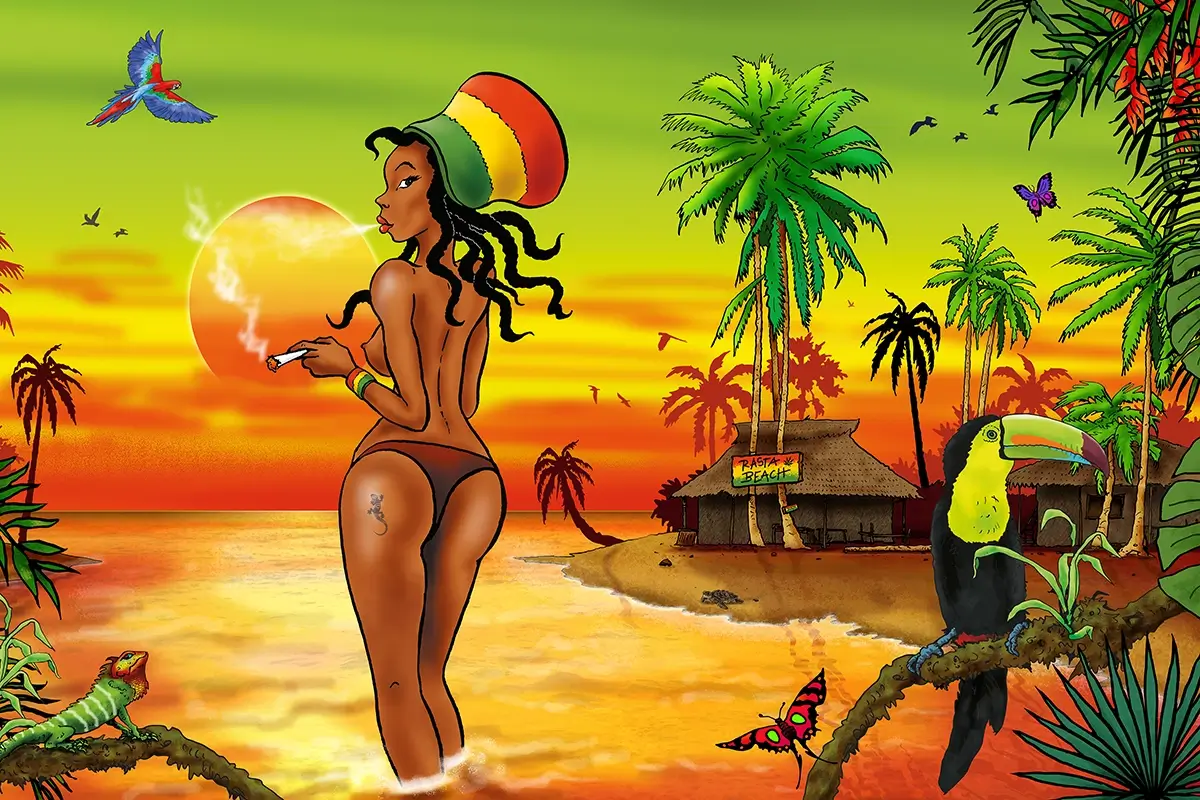 rasta-beach-women-smoke-joint-sea-palmtrees-jungle-comic-art-illustration-steve-stoned