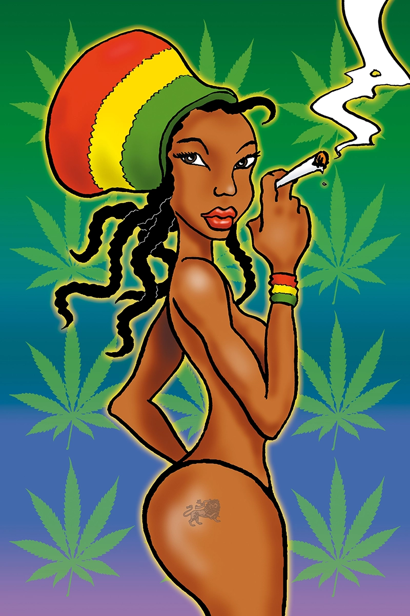 The rasta lady illustration is figure smoking a joint in a comic hemp art from Steve stoned
