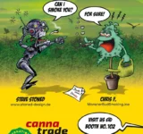 CannaComix 2024 Flyer zur Hanfmesse CannaTrade in Zürich mit Comicfigur, Hanfpflanze, Live-Karikaturen und Künstlern Steve Stoned und Chris F., 24.–26. Mai 2024 in Halle 622.