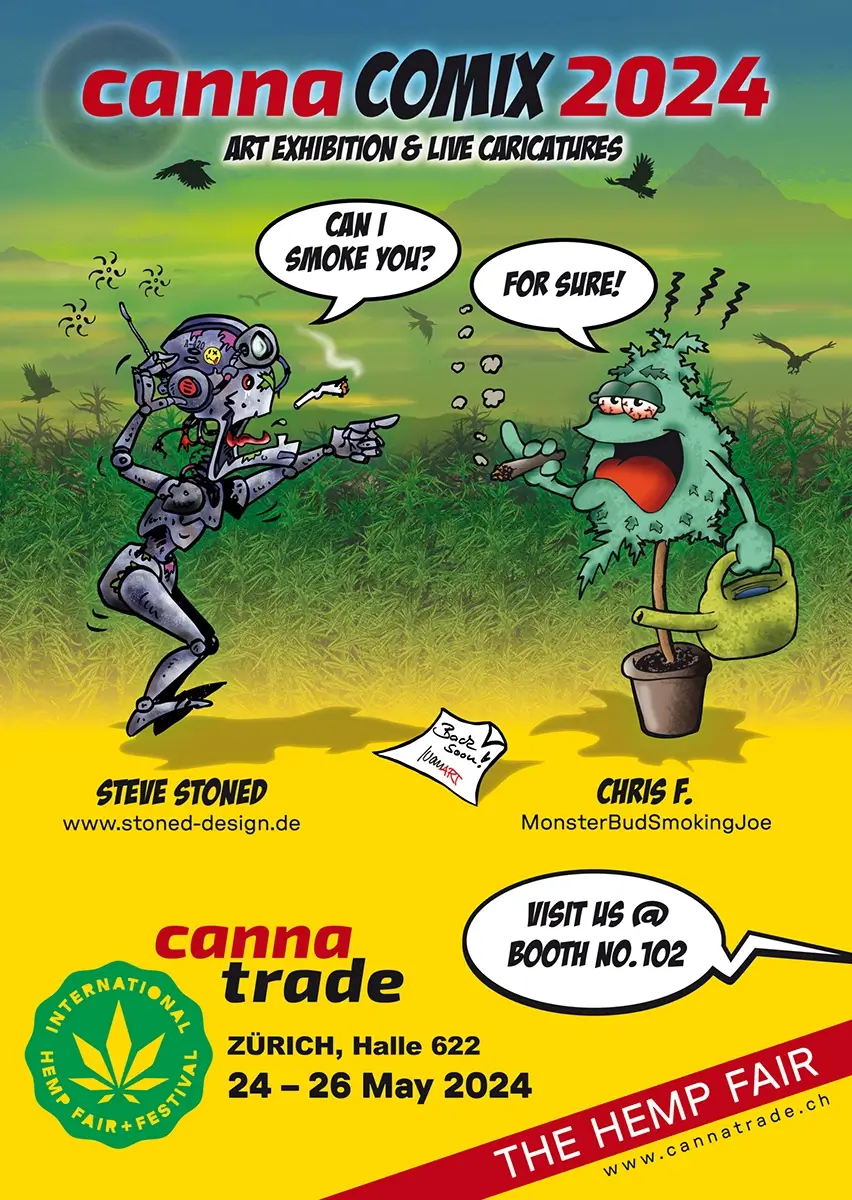 CannaComix 2024 Flyer zur Hanfmesse CannaTrade in Zürich mit Comicfigur, Hanfpflanze, Live-Karikaturen und Künstlern Steve Stoned und Chris F., 24.–26. Mai 2024 in Halle 622.