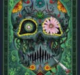 Psychedelisches Comic-Artwork mit stoned Robotern, Schamanenschädel und 420-Ästhetik – digitales Kunstbild mit dem Schriftzug 'Estamos vivos
