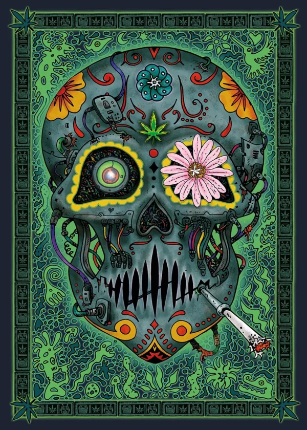 Psychedelisches Comic-Artwork mit stoned Robotern, Schamanenschädel und 420-Ästhetik – digitales Kunstbild mit dem Schriftzug 'Estamos vivos
