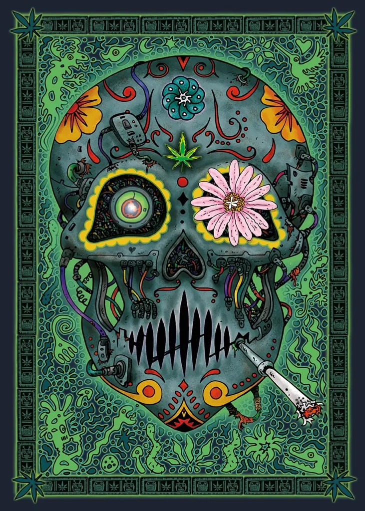 Psychedelisches Comic-Artwork mit stoned Robotern, Schamanenschädel und 420-Ästhetik – digitales Kunstbild mit dem Schriftzug 'Estamos vivos
