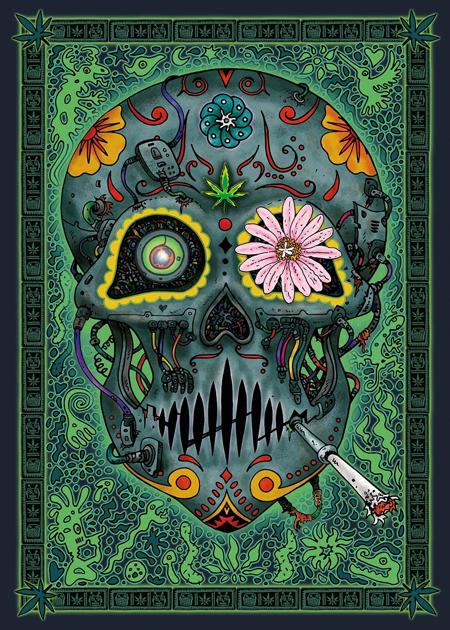 Psychedelisches Comic-Artwork mit stoned Robotern, Schamanenschädel und 420-Ästhetik – digitales Kunstbild mit dem Schriftzug 'Estamos vivos