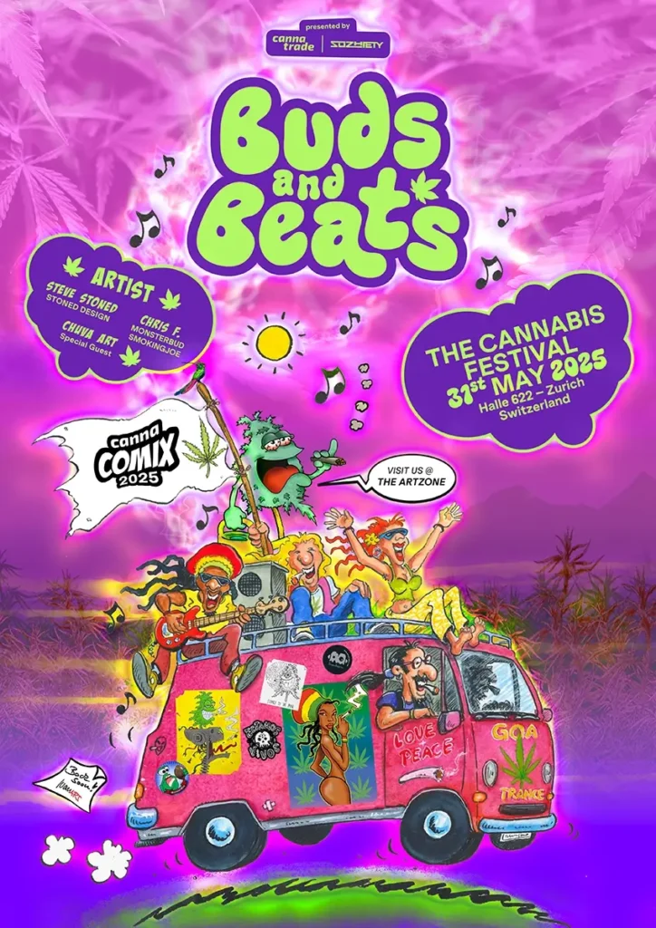 Farbenfroher Flyer zum Buds and Beats Cannabis Festival 2025 in Zürich mit Canna Comix Zone, Livemusik, Künstlern und Hanfkultur, Veranstaltung am 31. Mai 2025 in Halle 622.