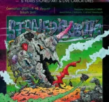 Flyer zur StonedComiX Ausstellung auf der Cannafair 2025 in Düsseldorf mit bunter Sci-Fi Grafik, Stoner Art von Steve Stoned und Live-Karikaturen zum 5-jährigen Jubiläum.