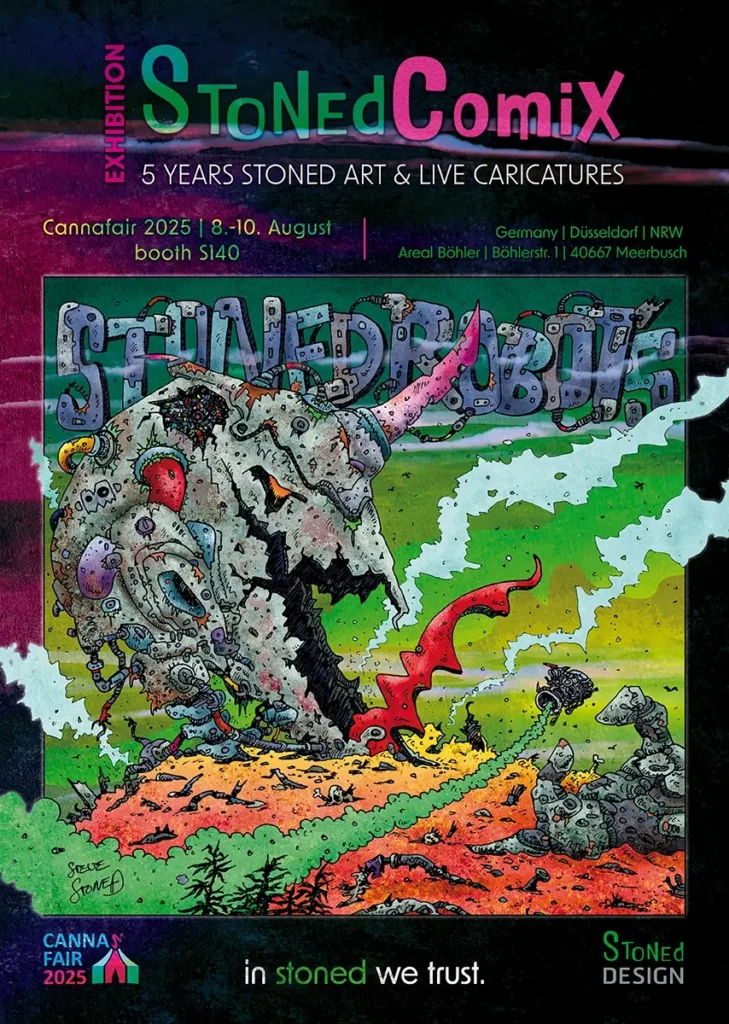 Flyer zur StonedComiX Ausstellung auf der Cannafair 2025 in Düsseldorf mit bunter Sci-Fi Grafik, Stoner Art von Steve Stoned und Live-Karikaturen zum 5-jährigen Jubiläum.